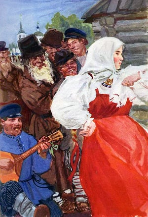 Такого сердечного смеха и песни, и пляски такой за деньги не купишь. «Утеха!» — твердят мужики меж собой. Иллюстрация А. А. Пластова к поэме Н. А. Некрасова «Мороз, Красный Нос»