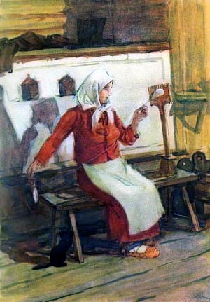 Из волокнистого льну, словно дорога его чужедальная, долгую нитку тяну. Иллюстрация А. А. Пластова к поэме Н. А. Некрасова «Мороз, Красный Нос»