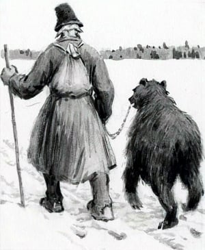 По снежной дороге мужик ведет на цепи медведя. Иллюстрация к стихотворению Н. А. Некрасова «Генерал Топтыгин». Художник Хлебников Виктор Александрович, 1959
