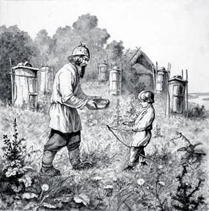 «Натко медку! С караваем покушай». Иллюстрация к стихотворению Н. А. Некрасова «Пчёлы». Рисунок для волшебного фонаря. Неизвестный художник. 1890-е