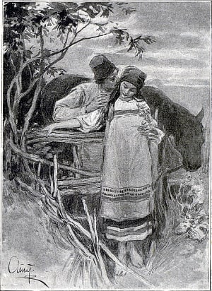Кругом безлюдно. Тёпел летний вечер. Река при месяце блестит. И знает только перелётный ветер, что парень с милой говорит. Иллюстрация к поэме И. С. Никитина «Тарас». Художник А. П. Апсит, 1914
