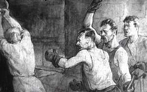 — Ты что, с ума сошёл, Андрий! — кинулись кочегары к Птахе. — Хочешь, чтобы нас всех поувольняли? Иллюстрация к рассказу Николая Островского «Гудок». Художник М. А. Маризе, 1950 г.