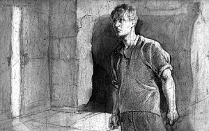 Андрий несколько секунд стоял неподвижно. Его захватила одна мысль. Он колебался, отстранял её. Но она уже завладела его волей. Сердце его замерло, как перед прыжком с высоты. Иллюстрация к рассказу Николая Островского «Гудок». Художник М. А. Маризе, 1950 г.