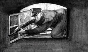 Вытянув руки с карабином вперёд, в окно втискивался польский легионер. Иллюстрация к рассказу Николая Островского «Гудок». Художник М. А. Маризе, 1950 г.