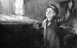 — Андрюшка, это я… Там их понаехало ещё много… Целый двор на конях. И самый главный ихний… Тикай отсюда! Тут дыра есть… Иллюстрация к рассказу Николая Островского «Гудок». Художник М. А. Маризе, 1950 г.