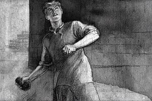 Андрий ошалел от радости. Он бомбардировал окно каменным углем. Иллюстрация к рассказу Николая Островского «Гудок». Художник М. А. Маризе, 1950 г.