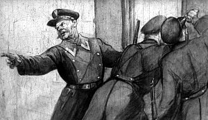 — Несите лестницу! Марш к окнам! Стреляй по нём! — кричал капрал охране. Иллюстрация к рассказу Николая Островского «Гудок». Художник М. А. Маризе, 1950 г.
