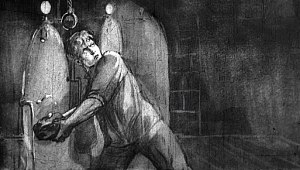 Андрий схватил кусок антрацита и, рискуя быть убитым, выскочил из ямы. Размахнулся, с силой швырнул углем в окно... Иллюстрация к рассказу Николая Островского «Гудок». Художник М. А. Маризе, 1950 г.