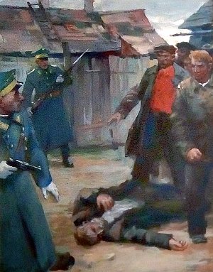 Убийство слесаря Глушко. Иллюстрация к роману Николая Островского «Рожденные бурей». В. И. Селезнев, 1956 г.
