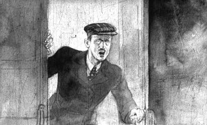Из соседнего, машинного отделения в котельную вбежал младший механик пан Струмил. Иллюстрация к рассказу Николая Островского «Гудок». Художник М. А. Маризе, 1950 г.