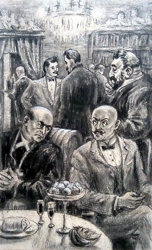 Совещание националистов во время бала у Могельницких. Иллюстрация к роману Николая Островского «Рожденные бурей». Художник С. Я. Шкоп, 1954 г.