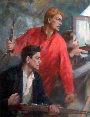 В лесной сторожке. Иллюстрация к роману Николая Островского «Рожденные бурей». Художник В. И. Селезнев, 1956 г.