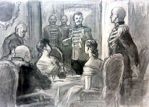 В столовой Могельницких. Иллюстрация к роману Николая Островского «Рожденные бурей». Художник С. Я. Шкоп.
