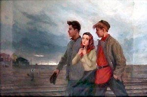 Олеся, Раймонд и Андрий отправляются в разведку. Иллюстрация к роману Николая Островского «Рожденные бурей». Художник В. И. Селезнев, 1956 г.