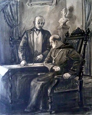 Пан Эдвард и Иероним. Иллюстрация к роману Николая Островского «Рожденные бурей». Художник С. Я. Шкоп, 1954 г.
