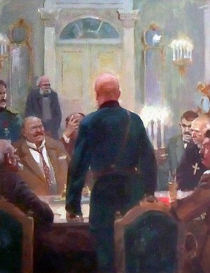 Совещание у Эдварда Могельницкого. Иллюстрация к роману Николая Островского «Рожденные бурей». Художник В. И. Селезнев, 1956 г.