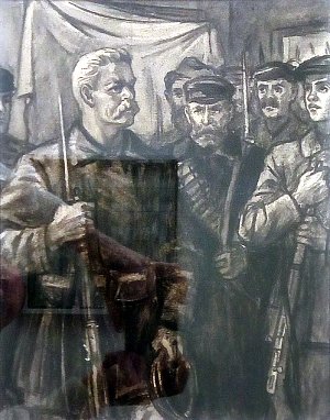 Раевский совещается с большевиками. Иллюстрация к роману Николая Островского «Рожденные бурей». Художник С. Я. Шкоп, 1954 г.