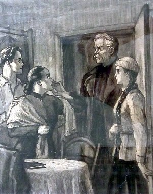 Возвращение Раевского к семье. Иллюстрация к роману Николая Островского «Рожденные бурей». Художник С. Я. Шкоп, 1954 г.