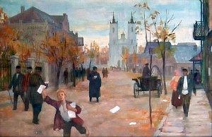 Василек разбрасывает листовки. Иллюстрация к роману Николая Островского «Рожденные бурей». Художник В. И. Селезнев, 1956 г.