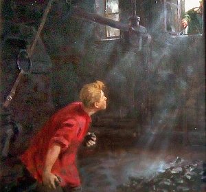Гудок. Иллюстрация к роману Николая Островского «Рожденные бурей». Художник В. И. Селезнев, 1956 г.
