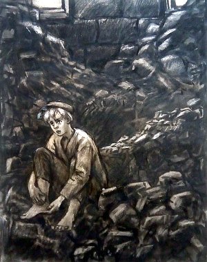 Василек упал и долго плакал. Иллюстрация к роману Николая Островского «Рожденные бурей». Художник С. Я. Шкоп, 1954 г.