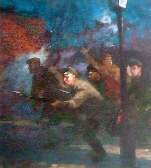 Выступление рабочих. Иллюстрация к роману Николая Островского «Рожденные бурей». Художник В. И. Селезнев, 1956 г.