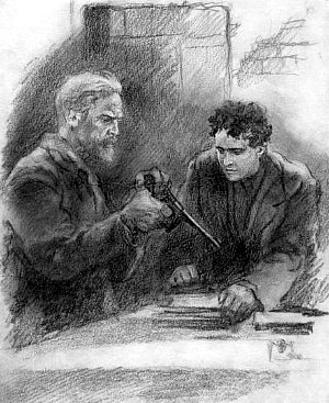 Сигизмунд Раевский с сыном Раймондом. Иллюстрация к роману Николая Островского «Рожденные бурей». Художник А. И. Резниченко, 1937 г.
