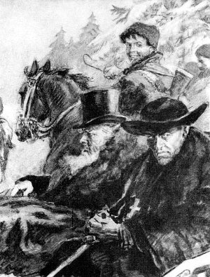 «Выехав на широкую дорогу, тройки помчались, окруженные всадниками». Арест ксендза и графа. Иллюстрация к роману Николая Островского «Рожденные бурей». Художник А. И. Резниченко, 1958 г.