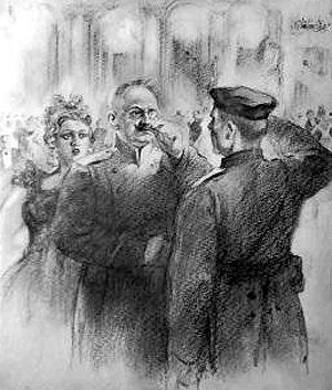 Вахмистр не решался говорить при ней, но усы лейтенанта так ужасающе шевелились, что он поспешил отрапортовать... Иллюстрация к роману Николая Островского «Рожденные бурей». Художник А. Резниченко, 1943-1944 гг.