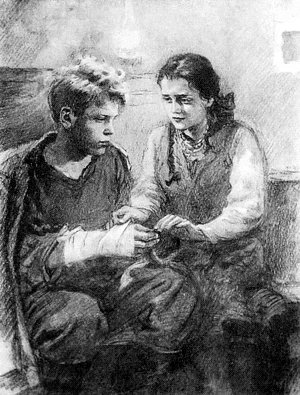 «Андрий, закусив губу, смотрел, как ловкие пальчики Олеси, нежно прикасаясь к его руке, отделяли безжизненные клочья кожи и укутывали пальцы белоснежной повязкой». Андрий и Олеся. Иллюстрация к роману Николая Островского «Рожденные бурей». Художник А. И. Резниченко, 1958 г.