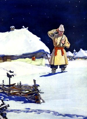 Кузнец Вакула с мешком. Иллюстрация А. П. Бубнова к повести Гоголя «Ночь перед Рождеством»