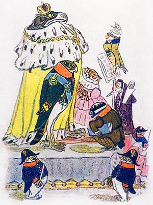 Призвали на совет сову, — и та подтвердила, что надо науки и искусства в дворнях заводить, потому что при них и орлам занятнее живется, да и со стороны посмотреть не зазорно. Иллюстрация Е. М. Рачёва к сказке «Орёл-меценат» М. Е. Салтыкова-Щедрина