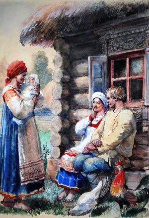 Анюта и её жених. Иллюстрация П.&nbsp;А.&nbsp;Алякринского к роману А.&nbsp;Н.&nbsp;Радищева «Путешествие из Петербурга в Москву», 1949