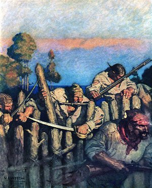 Нападающие лезли через частокол, как обезьяны. Иллюстрация Ньюэлла Конверса Уайета к роману Роберта Льюиса Стивенсона «Остров сокровищ»