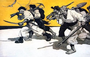Пираты. Иллюстрация Ньюэлла Конверса Уайета на развороте книги Роберта Льюиса Стивенсона «Остров сокровищ»