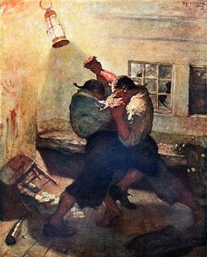 Хендс и его товарищ, ухватив друг друга за горло, дрались не на жизнь, а на смерть. Иллюстрация Ньюэлла Конверса Уайета к роману Роберта Льюиса Стивенсона «Остров сокровищ»