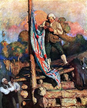 Затем, взобравшись на крышу, он прицепил к шесту и поднял британский флаг. Иллюстрация Ньюэлла Конверса Уайета к роману Роберта Льюиса Стивенсона «Остров сокровищ»