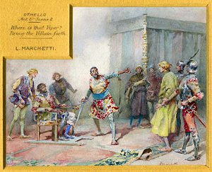 Где этот аспид? Дать его сюда! Иллюстрация Людовико Маркетти (1853-1909) к трагедии Уильяма Шекспира (1564-1616) «Отелло»