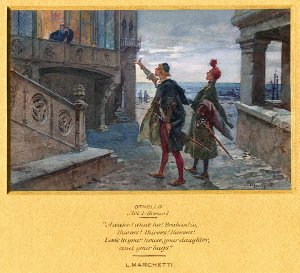 Брабанцио, встаньте! Воры! Воры! Воры! Спасайте дом ваш, дочку и мешки! Иллюстрация Людовико Маркетти (1853-1909) к трагедии Уильяма Шекспира (1564-1616) «Отелло»