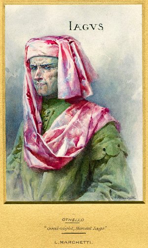 Покойной ночи, честный Яго. Иллюстрация Людовико Маркетти (1853-1909) к трагедии Уильяма Шекспира (1564-1616) «Отелло»