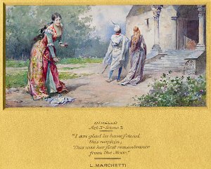 Я рада, что нашла ее платок. То был от Мавра первый ей подарок. Иллюстрация Людовико Маркетти (1853-1909) к трагедии Уильяма Шекспира (1564-1616) «Отелло»
