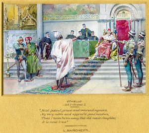 Всевластные, всечтимые синьоры, достойнейшие господа мои, что я у старца этого взял дочь, то правда... Иллюстрация Людовико Маркетти (1853-1909) к трагедии Уильяма Шекспира (1564-1616) «Отелло»