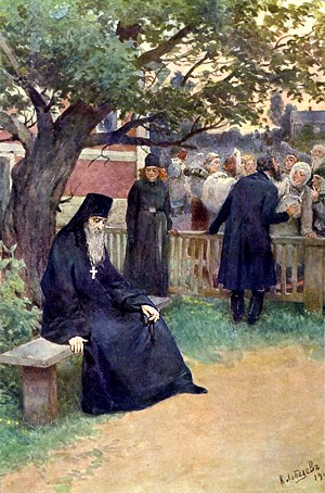 Купец, усадив отца Сергия на лавочку под вязами, взял на себя обязанность полицейскую и очень решительно взялся прогонять народ. Иллюстрация Клавдия Васильевича Лебедева к повести Л. Н. Толстого «Отец Сергий»