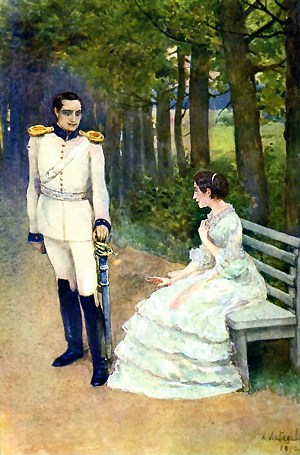 Он вскочил и бледный, как смерть, с трясущимися скулами, стоял перед нею. Иллюстрация Клавдия Васильевича Лебедева к повести Л. Н. Толстого «Отец Сергий»