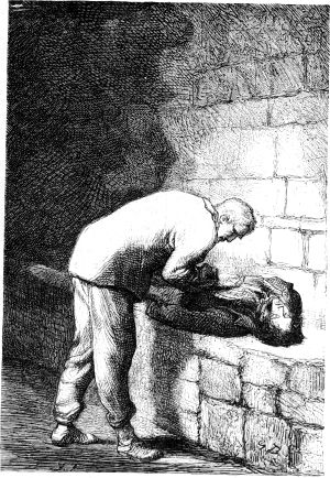 Жан Вальжан разорвал свою рубашку, перевязал, как умел, раны и этим остановил кровотечение; потом, склонясь при этом тусклом свете над Мариусом, все еще не пришедшим в сознание и лежавшим почти бездыханным, устремил на него глаза, горевшие невыразимой ненавистью. Иллюстрация к роману Виктора Гюго «Отверженные». Художник Гюстав Брион (1824-1877)