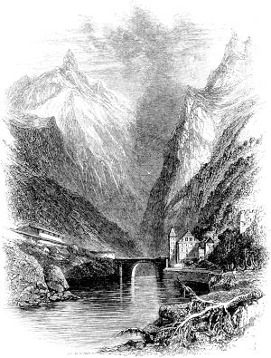 Сен-Морис (St. Maurice). Иллюстрация к поэме лорда Джорджа Гордонома Байрона «Паломничество Чайльд-Гарольда». Издание 1869 г.