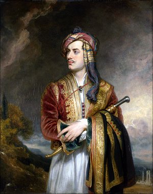 Лорд Байрон в албанском платье. Художник Томас Филлипс, 1813 год. Иллюстрация к поэме лорда Джорджа Гордонома Байрона «Паломничество Чайльд-Гарольда». Издание 1869 г.
