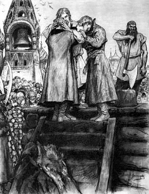 Прощанье с братьями. Иллюстрация В. М. Васнецова к исторической поэме М. Ю. Лермонтова «Песня про царя Ивана Васильевича, молодого опричника и удалого купца Калашникова»