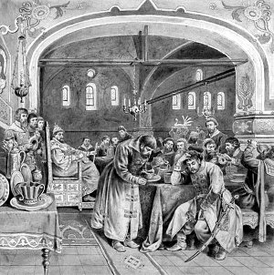 Пир. Иллюстрация к поэме М. Ю. Лермонтова «Песня про царя Ивана Васильевича, молодого опричника и удалого купца Калашникова». Художник Коровин Петр Иванович. Конец XIX - начало XX вв.