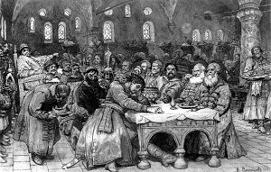 Пир у Ивана Васильевича. Иллюстрация В. М. Васнецова (1891) к исторической поэме М. Ю. Лермонтова «Песня про царя Ивана Васильевича, молодого опричника и удалого купца Калашникова»